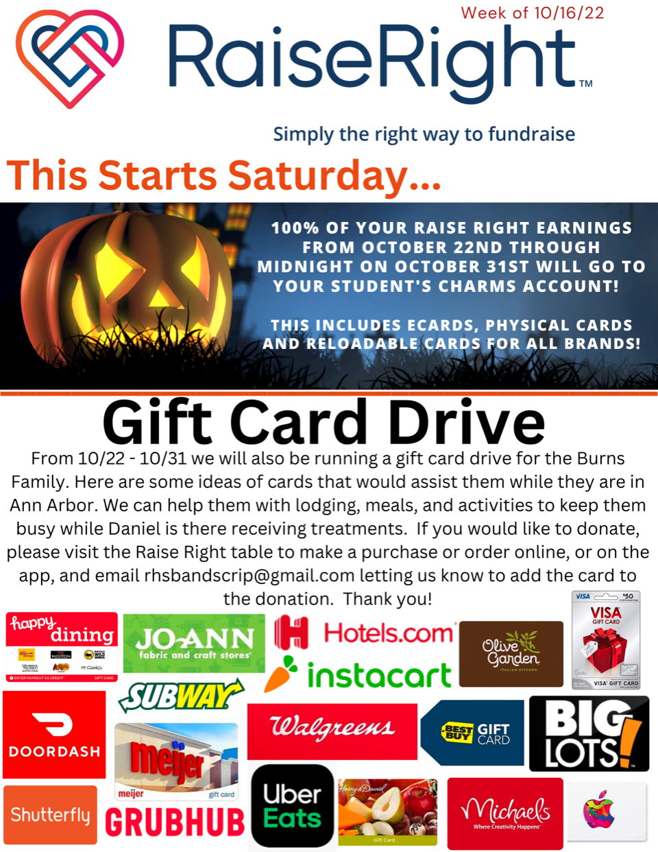 Gift Card Drive for TeamDaniel (the Burns Family) Rockford Bands
